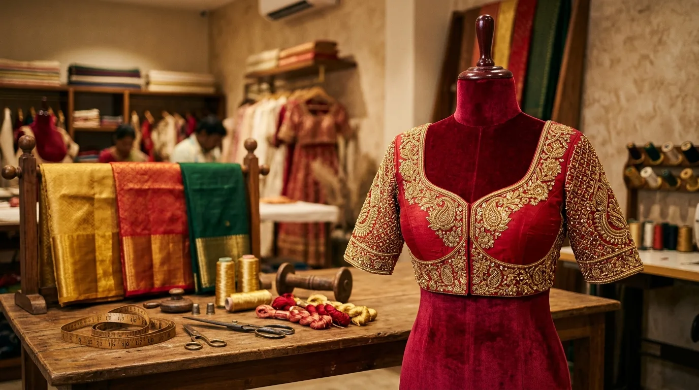 Exquisite South Indian Bridal Blouse with Hand Zardozi and Aari Maggam Work in Coimbatore Atelier