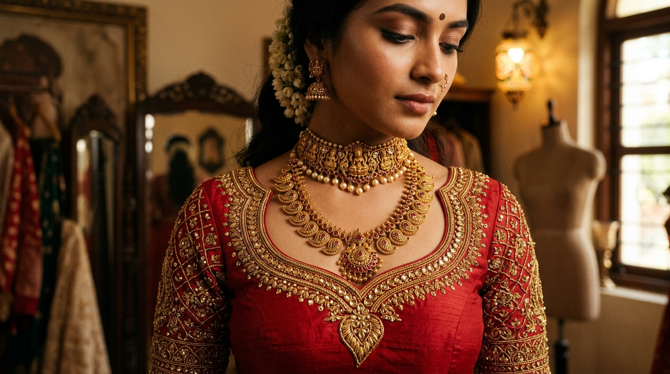 Bridal Blouse Front Neck Designs and Temple Jewelry Harmony