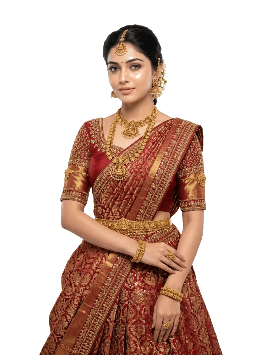 Sree Designers model wearing bridal blouse and silk half saree